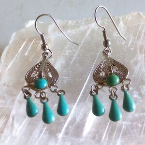 VINTAGE SILVER  TONE FAUX TURQUOISE DANGLE /DROP EARRINGS 2" LONG.